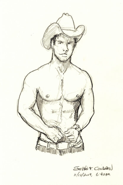 Pencil figure drawing of a very sexy and hot shirtless cowboy. He is very cute and has the physique of a gymnast.