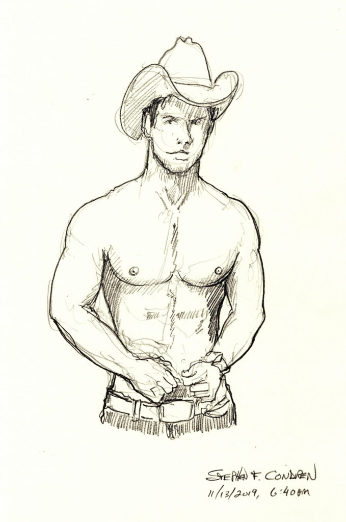 Shirtless gay cowboy with 10-gallon hat pencil drawing #184.