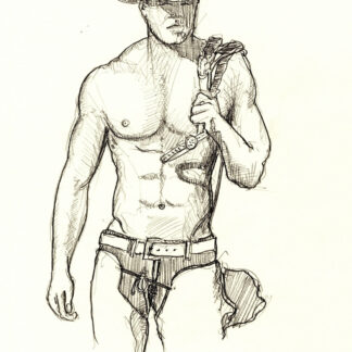 Pencil figure drawing of a hot shirtless cowboy. He has a muscular body with a 6-pack set of abs and firm pecs.