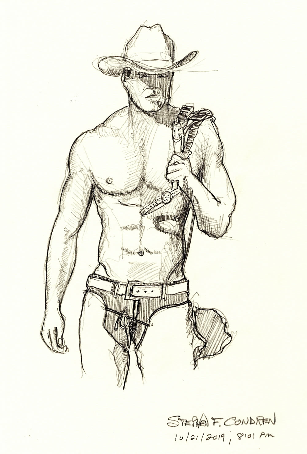 Pencil figure drawing of a hot shirtless cowboy. He has a muscular body with a 6-pack set of abs and firm pecs.