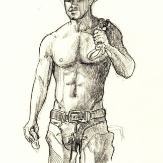 Pencil figure drawing of a hot shirtless cowboy. He is very sexy and has the physique of a gymnast.