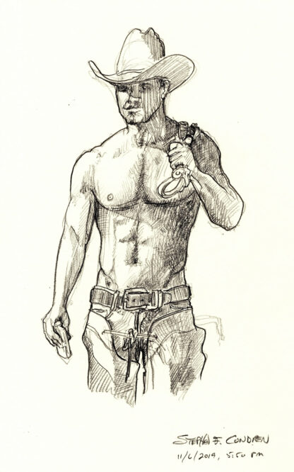 Pencil figure drawing of a hot shirtless cowboy. He is very sexy and has the physique of a gymnast.