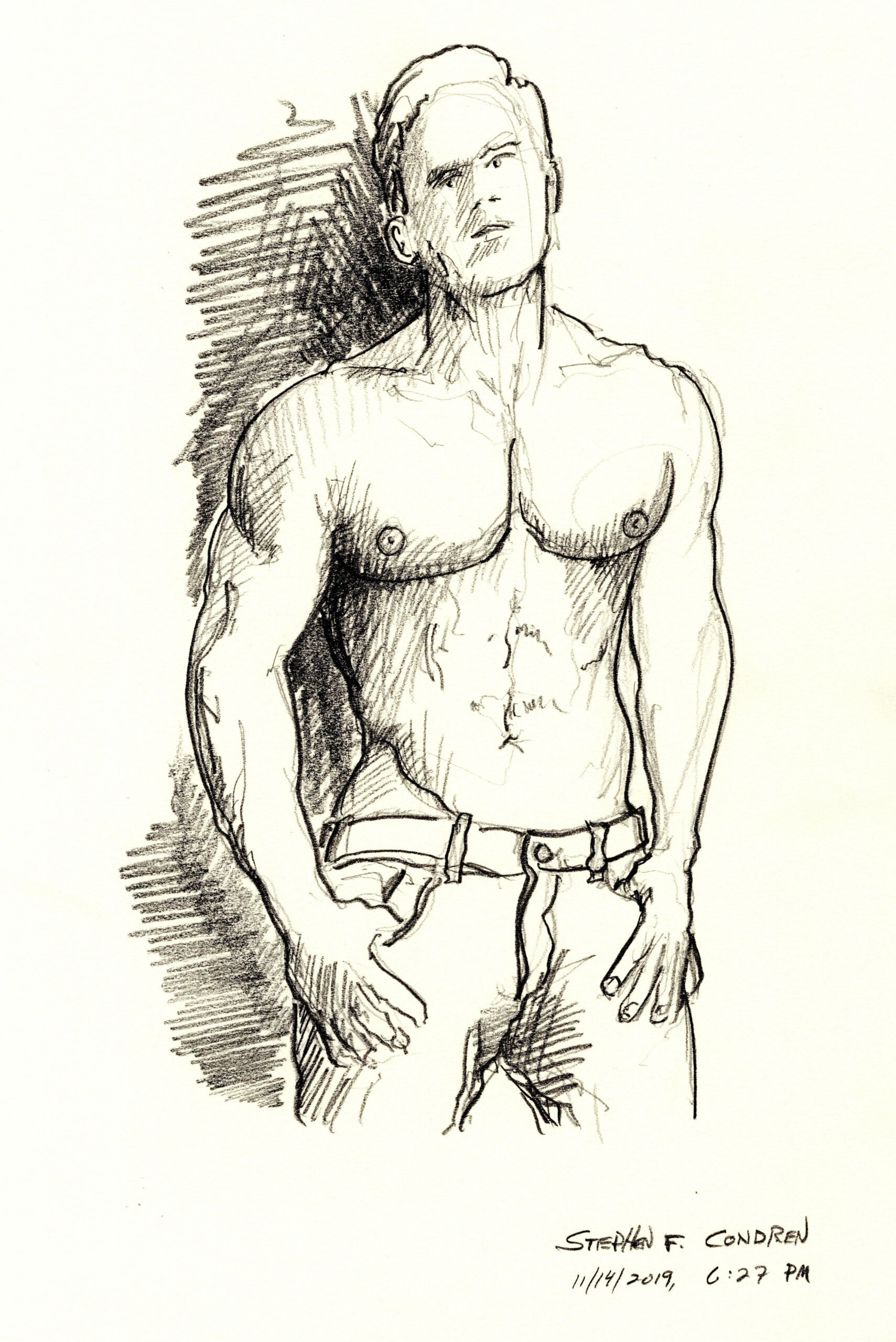 Pencil figure drawing of a hot shirtless male. He is cute and has the physique of a gymnast. His pecs are large and strong.