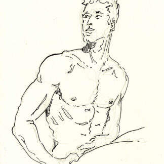 Pen & ink figure drawing of a hot nude male. He has the physique of a gymnast, and he is very buff and cute.