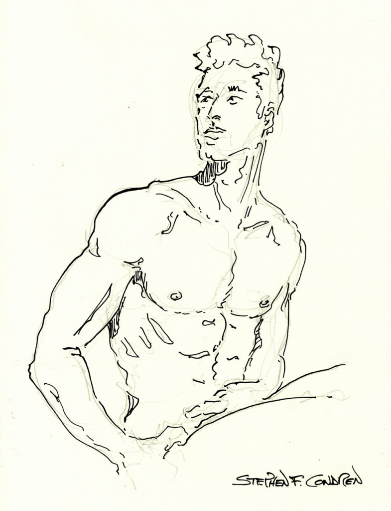Pen & ink figure drawing of a hot nude male. He has the physique of a gymnast, and he is very buff and cute.