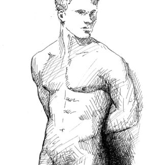Pen & ink figure drawing of a hot nude male. He has the body of a gymnast, and he is very cute. He has the face of an angel.
