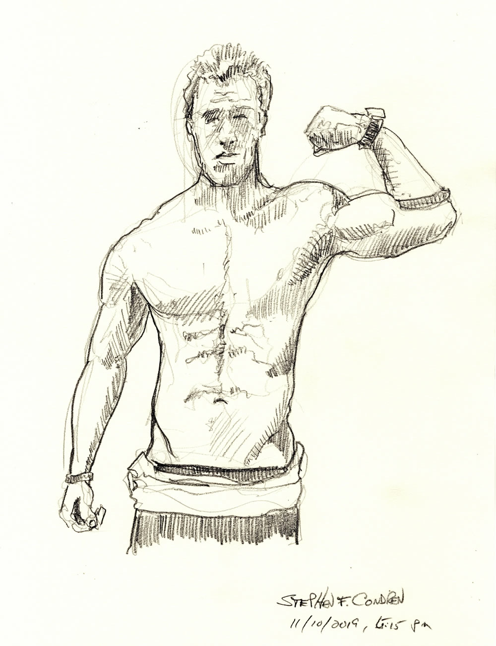 Pencil figure drawing of hot shirtless male with him flexing his biceps. He has the physique of a gymnast and a cute face.