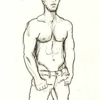 Pencil figure drawing of very hot and fit shirtless male. He has the physique of a gymnast, and he is very buff and hot.