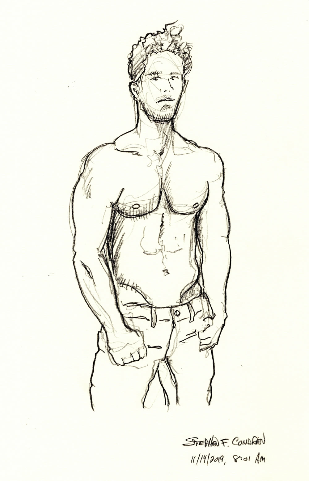 Pencil figure drawing of very hot and fit shirtless male. He has the physique of a gymnast, and he is very buff and hot.