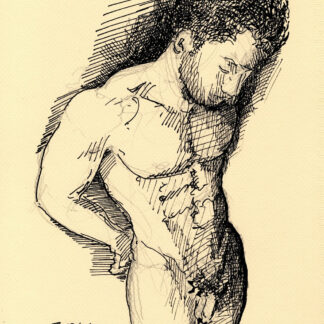 Pen & ink figure drawing of a fit nude male. He has the physique of a gymnast, and he is very fit and hot.