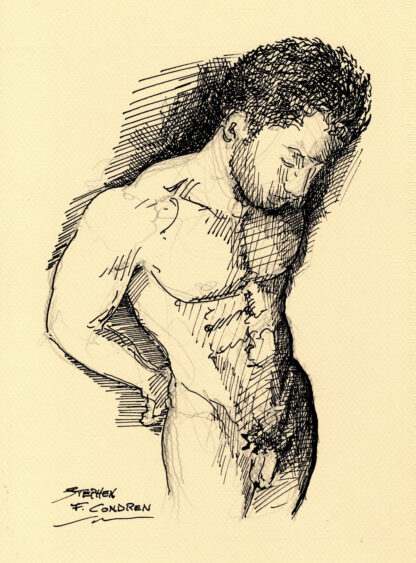 Pen & ink figure drawing of a fit nude male. He has the physique of a gymnast, and he is very fit and hot.