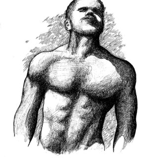 Pen & ink figure drawing of a very fit shirtless male. He has the physique of a body builder, and he is hot.