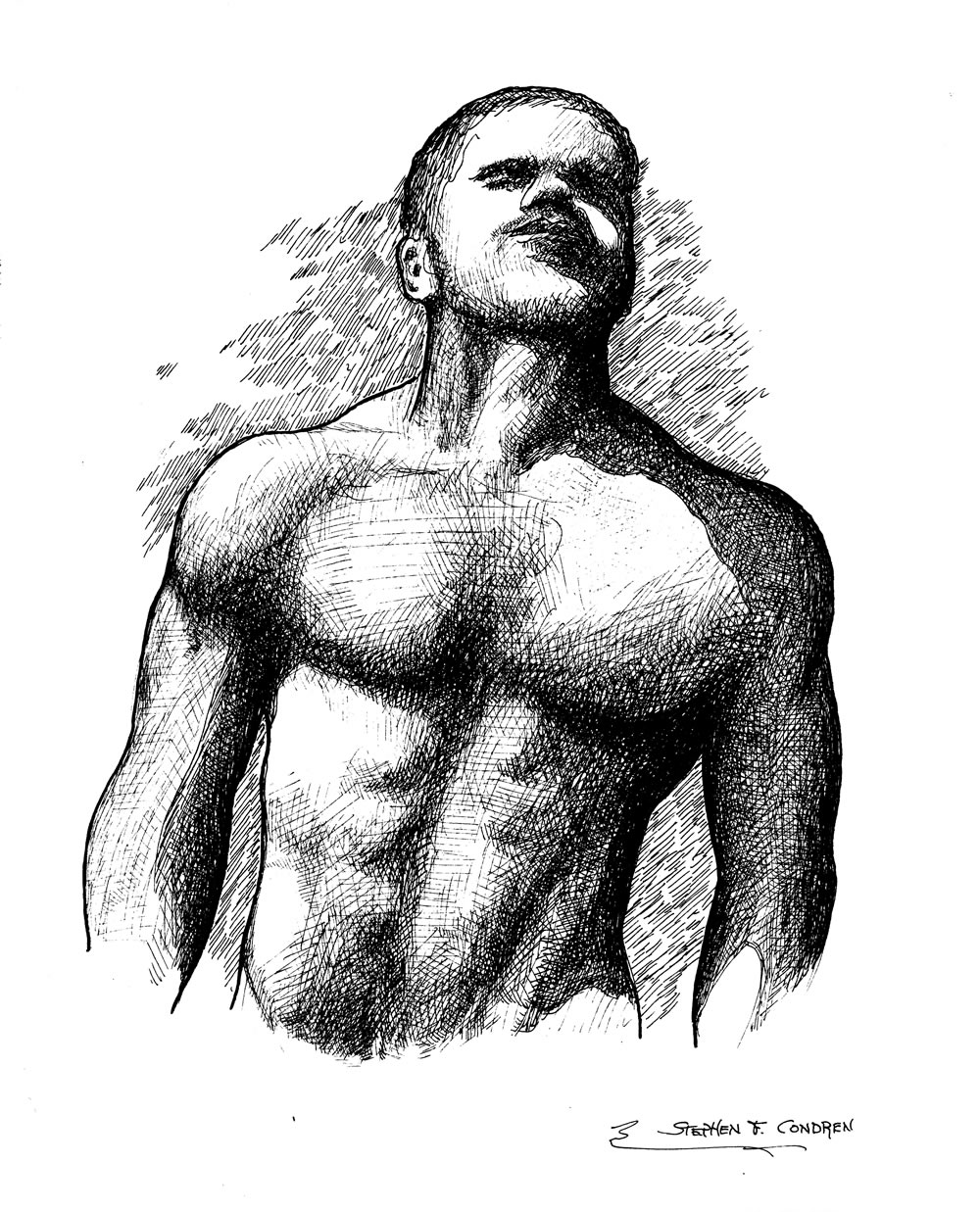 Pen & ink figure drawing of a very fit shirtless male. He has the physique of a body builder, and he is hot.