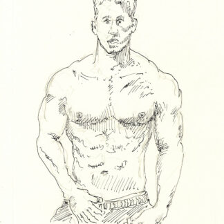 Pen & ink figure drawing of a fit and muscular shirtless male with massive pecs and nipples. He is hot and handsome.