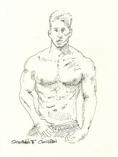 Pen & ink figure drawing of a fit and muscular shirtless male with massive pecs and nipples. He is hot and handsome.