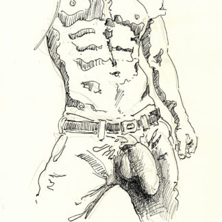 Pen & ink figure drawing of a shirtless male with his penis sticking out of his unzipped blue jeans. He has a muscular torso.