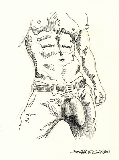 Pen & ink figure drawing of a shirtless male with his penis sticking out of his unzipped blue jeans. He has a muscular torso.