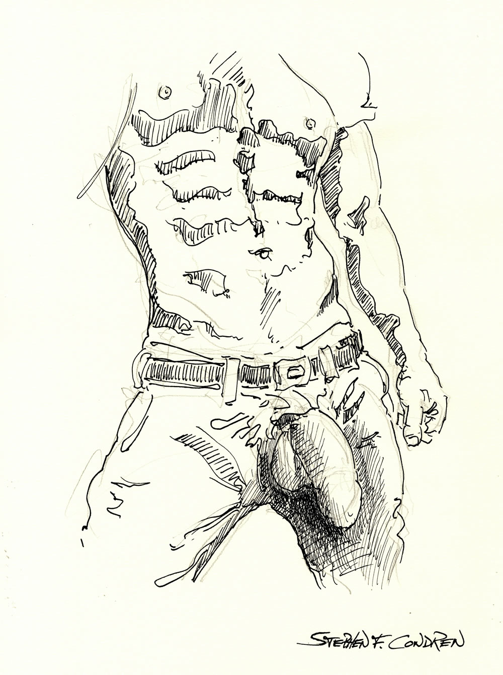 Pen & ink figure drawing of a shirtless male with his penis sticking out of his unzipped blue jeans. He has a muscular torso.