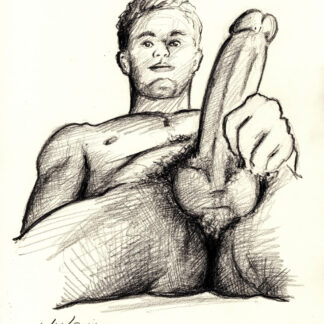 Pencil figure drawing of a hot naked boy holding up his large hardon cock. He has a hard body with a muscular physique.