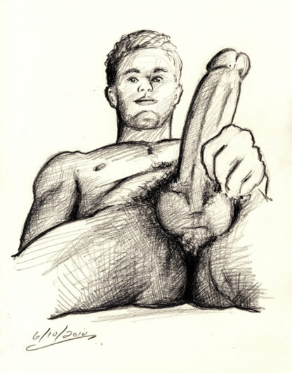 Pencil figure drawing of a hot naked boy holding up his large hardon cock. He has a hard body with a muscular physique.