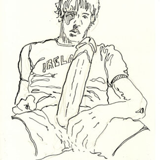 Pen & ink figure drawing of a hot boy holding his big hardon in his hand. He is cute with a muscular physique and cute.