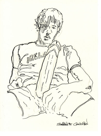 Pen & ink figure drawing of a hot boy holding his big hardon in his hand. He is cute with a muscular physique and cute.