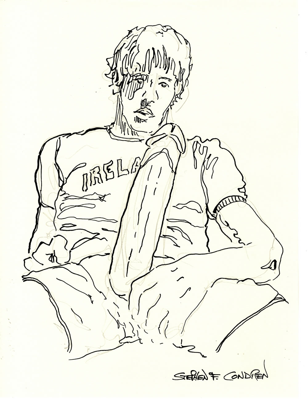 Pen & ink figure drawing of a hot boy holding his big hardon in his hand. He is cute with a muscular physique and cute.