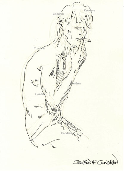 Pen & ink drawing of a shirtless boy smoking with pants down. He has a muscular physique and is cute.