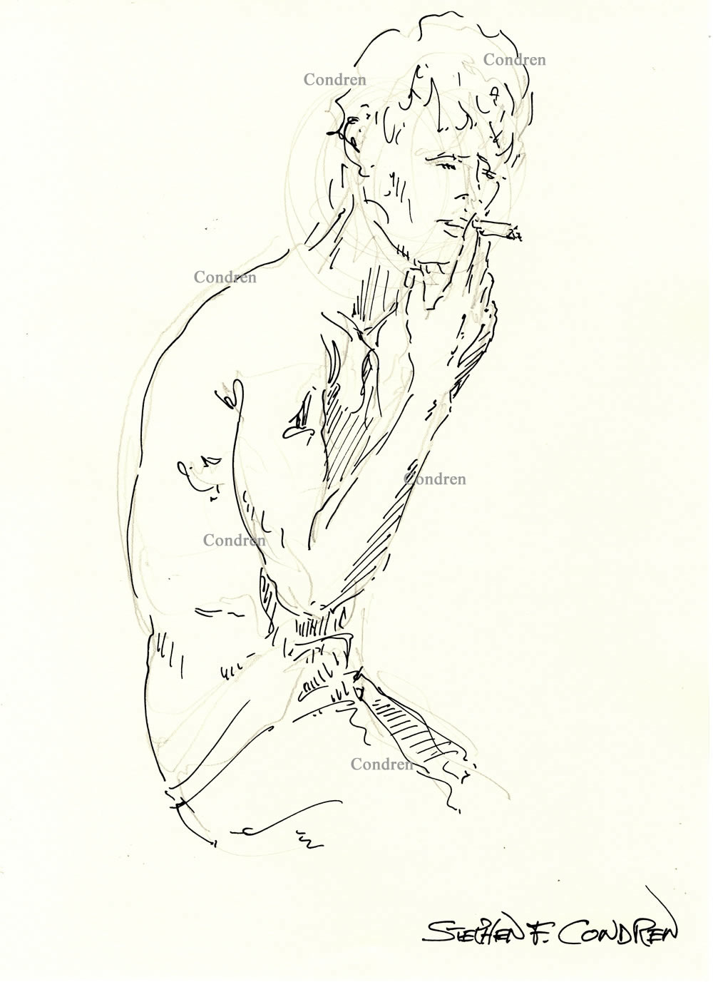 Pen & ink drawing of a shirtless boy smoking with pants down. He has a muscular physique and is cute.