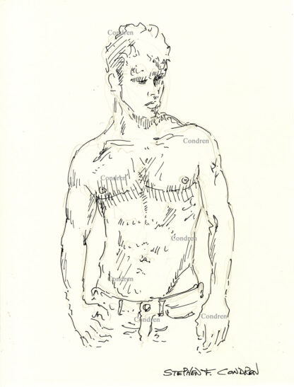 Yuval Sliper Shirtless Male Pen & Ink Figure Drawing. He has a hard body and a muscular physique and firm pecs.