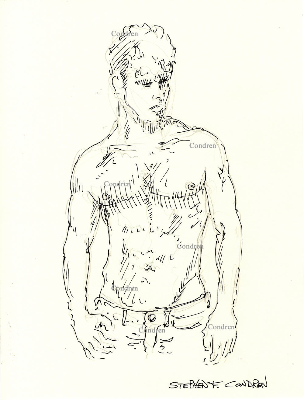 Yuval Sliper Shirtless Male Pen & Ink Figure Drawing. He has a hard body and a muscular physique and firm pecs.