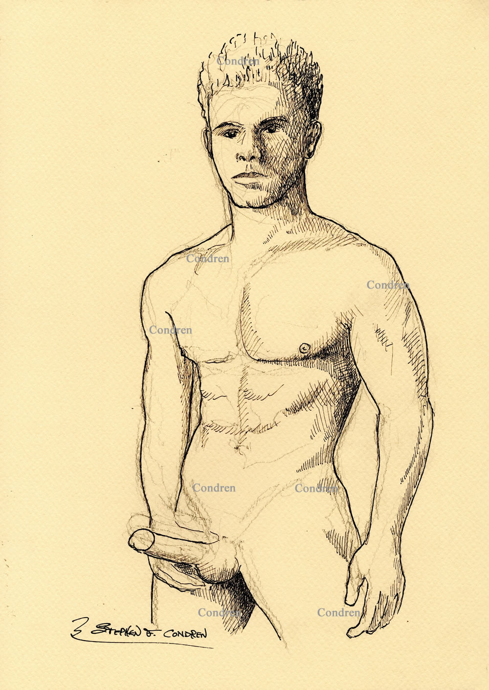 Pen & ink figure drawing of a naked boy jacking off. He has a hard body and a muscular physique and firm pecs.