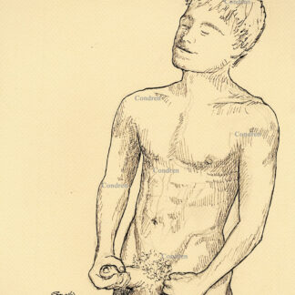 Pen & ink figure drawing of a naked boy jacking off. He has a hard body and a muscular physique and firm pecs.