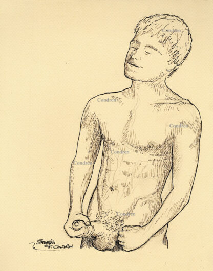 Pen & ink figure drawing of a naked boy jacking off. He has a hard body and a muscular physique and firm pecs.