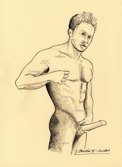 Pen & ink figure drawing of a naked boy jacking off. He has a hard body and a muscular physique and firm pecs.