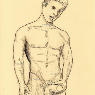Pen & ink figure drawing of a naked boy jacking off. He has a hard body and a muscular physique and firm pecs.