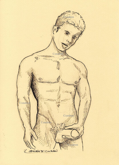 Pen & ink figure drawing of a naked boy jacking off. He has a hard body and a muscular physique and firm pecs.