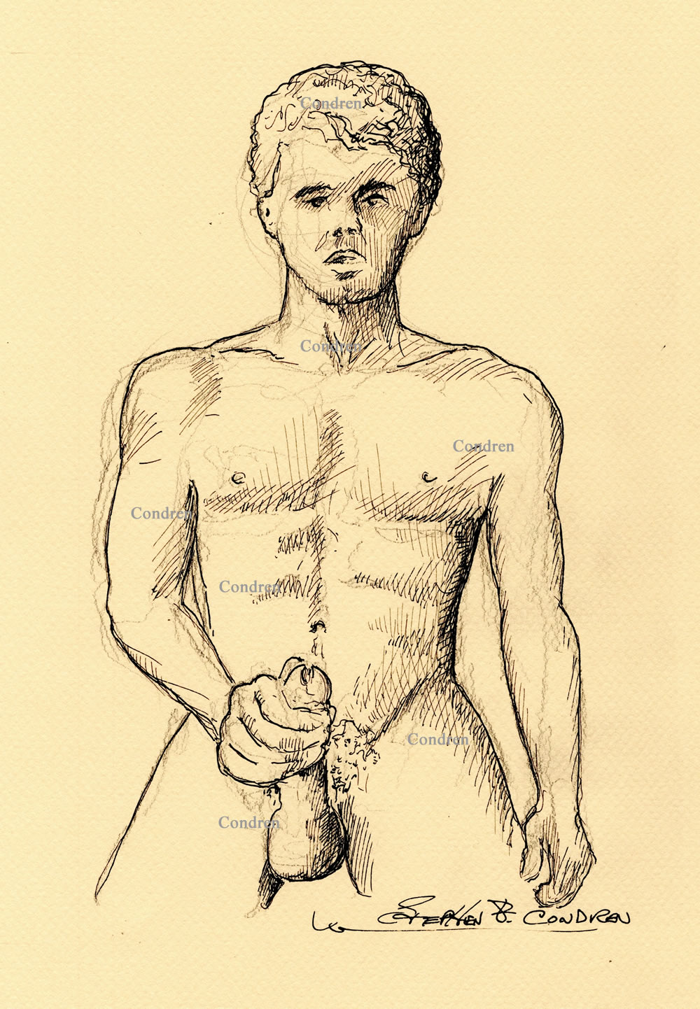 Pen & ink figure drawing of a naked gay boy jacking off. He has a hard body with muscular physique and firm pecs.