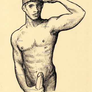 Pen & ink figure drawing of a naked gay man jacking off and wearing a ball cap. He has a muscular body with firm pecs.