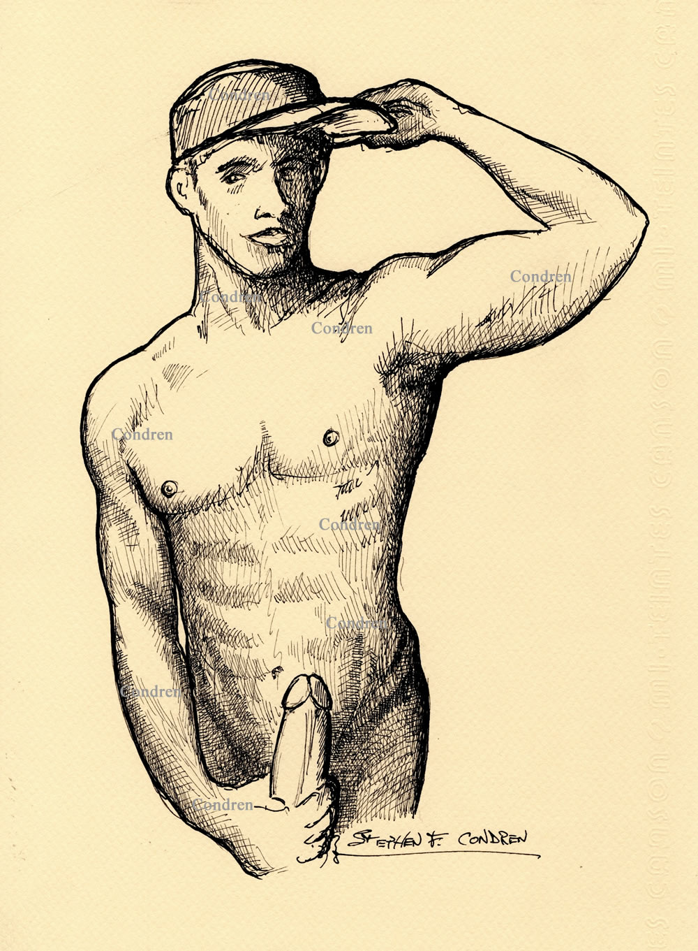 Pen & ink figure drawing of a naked gay man jacking off and wearing a ball cap. He has a muscular body with firm pecs.