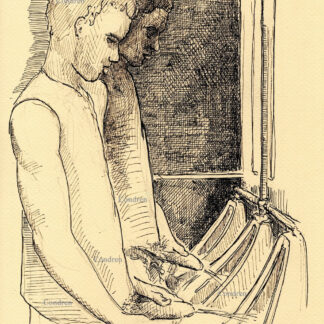 Pen & ink drawing of two hot gay boys pissing into the urinal at a public washroom to show off their cocks to each other.