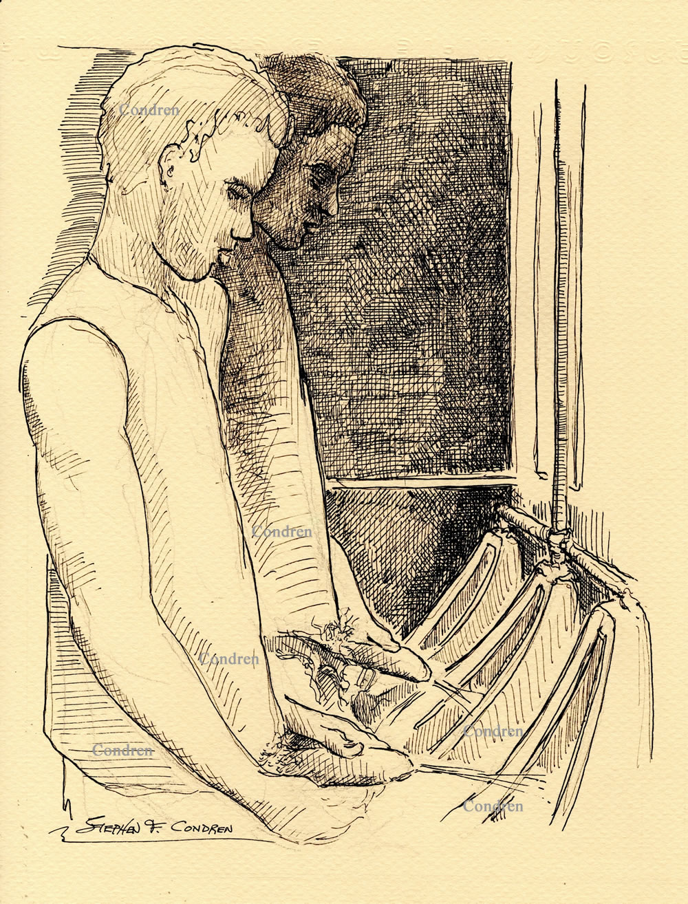 Pen & ink drawing of two hot gay boys pissing into the urinal at a public washroom to show off their cocks to each other.
