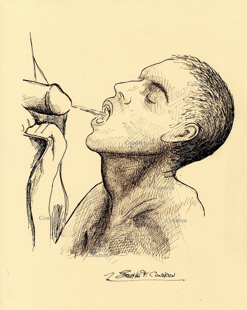 Pen & ink figure drawing of a hot young boy drinking piss that is flowing out of his fuck buddy's penis.