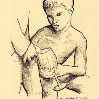 Pen & ink figure drawing of a young naked boy watching a man piss into a wine glass so as to drink the piss from it.