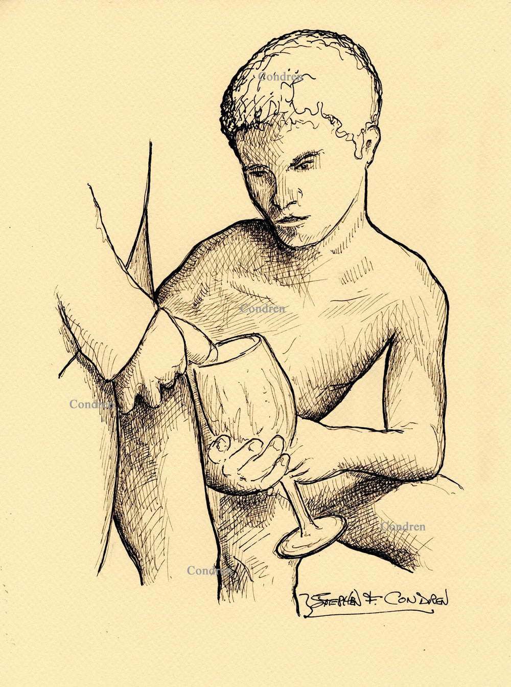 Pen & ink figure drawing of a young naked boy watching a man piss into a wine glass so as to drink the piss from it.