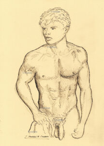 Pen & ink figure drawing of a hot nude male holding a bath towel. He has a muscular body and a cute face with firm pecs.