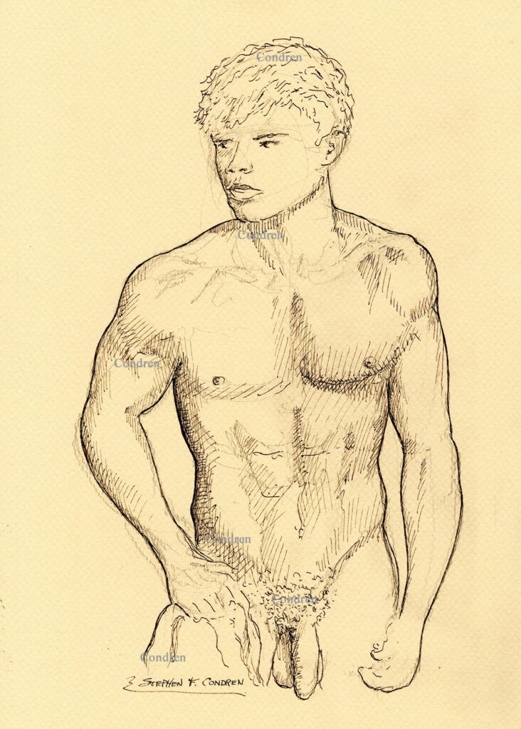 Nude Boy Holding Towel With Muscular Torso Pen & Ink Figure Drawing #131B. Nude man with penis.