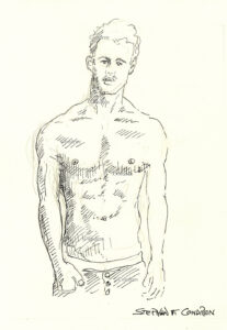 Janis Danner pen & ink figure drawing as a muscular, fit, shirtless male. His Linea alba runs from his pecs to his pelvis.