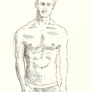 Janis Danner pen & ink figure drawing as a muscular, fit, shirtless male. His Linea alba runs from his pecs to his pelvis.