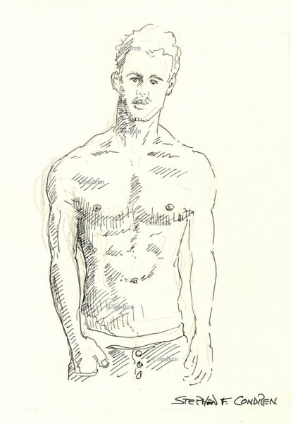 Janis Danner pen & ink figure drawing as a muscular, fit, shirtless male. His Linea alba runs from his pecs to his pelvis.